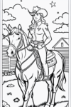 coloring-book-template-cowgirl-on-horse-in-a-farm--coloring-page-for-kids-pen-drawing-without-col-134607814